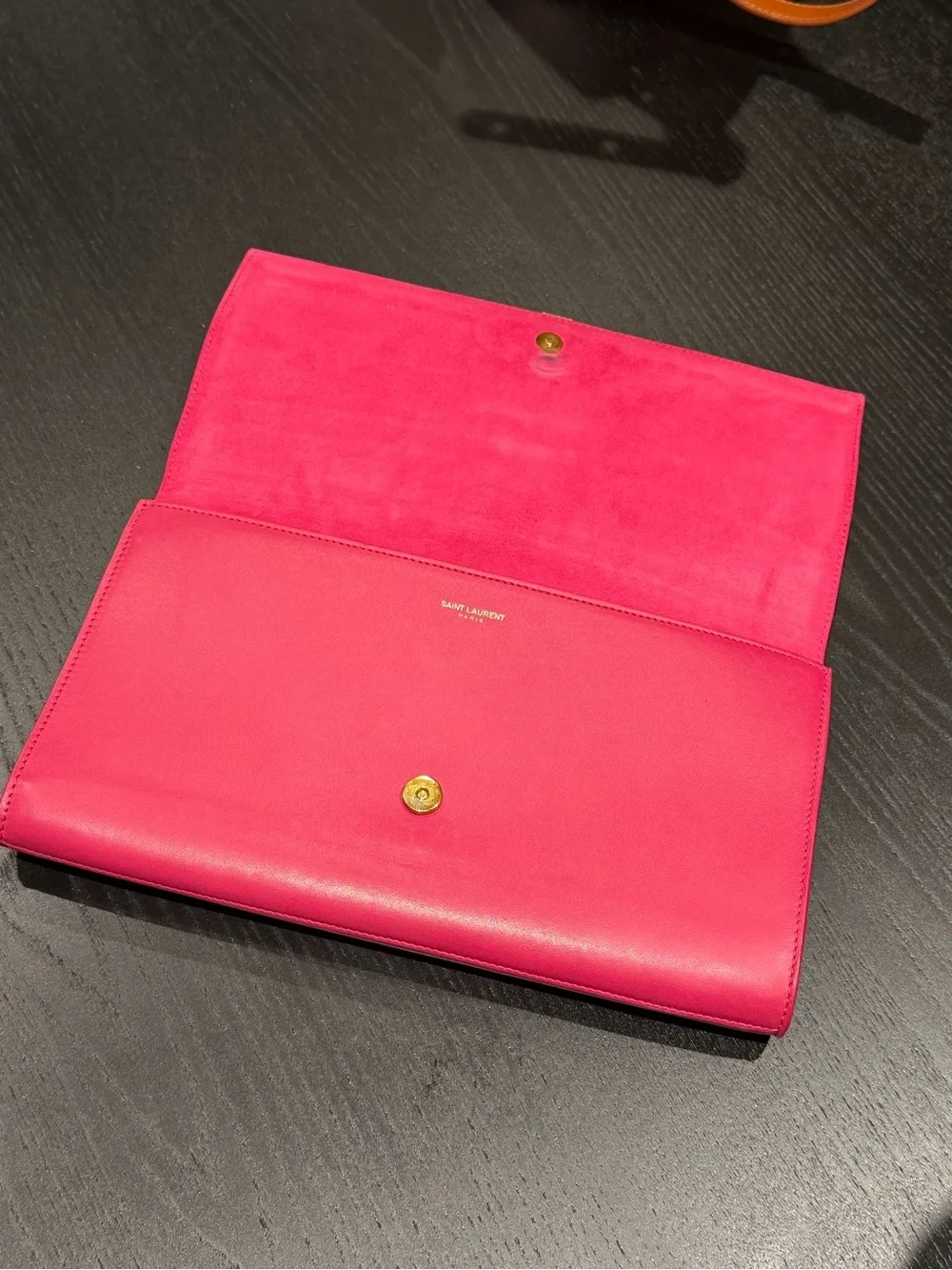 Saint Laurent Hot Pink Leather Y-Clasp Clutch with Gold Hardware